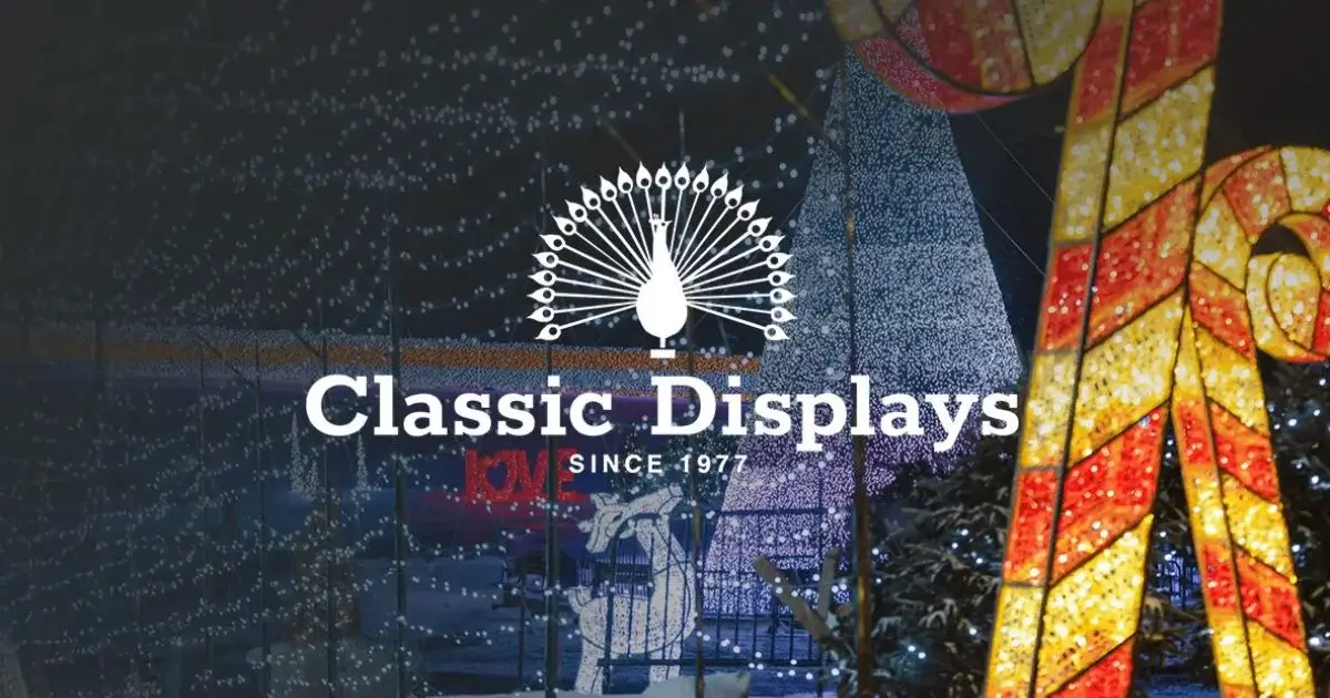 Holiday lights background with Classic Displays logo overlay.